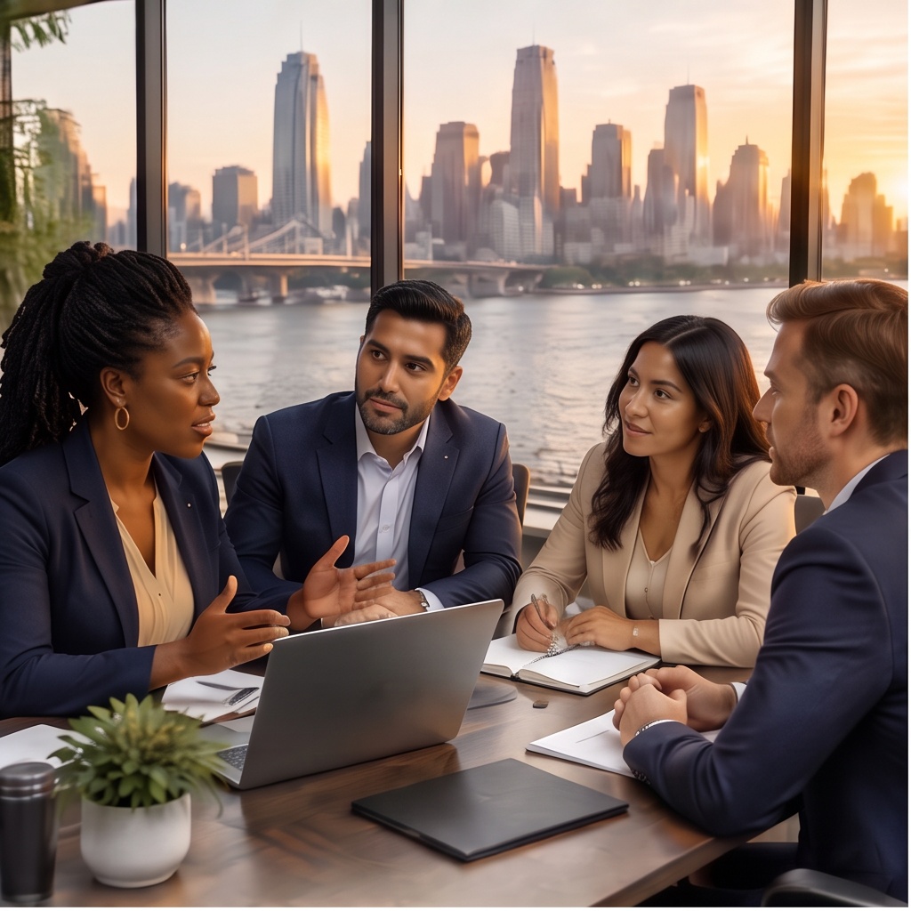 Diverse professionals and community members collaborating in an architectural setting