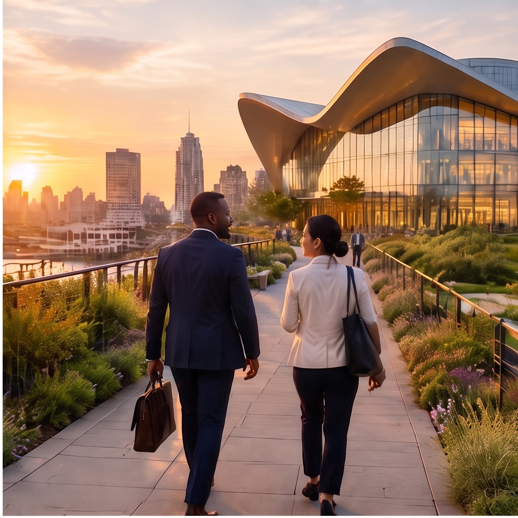 Professionals on a landscaped walkway toward contemporary civic architecture