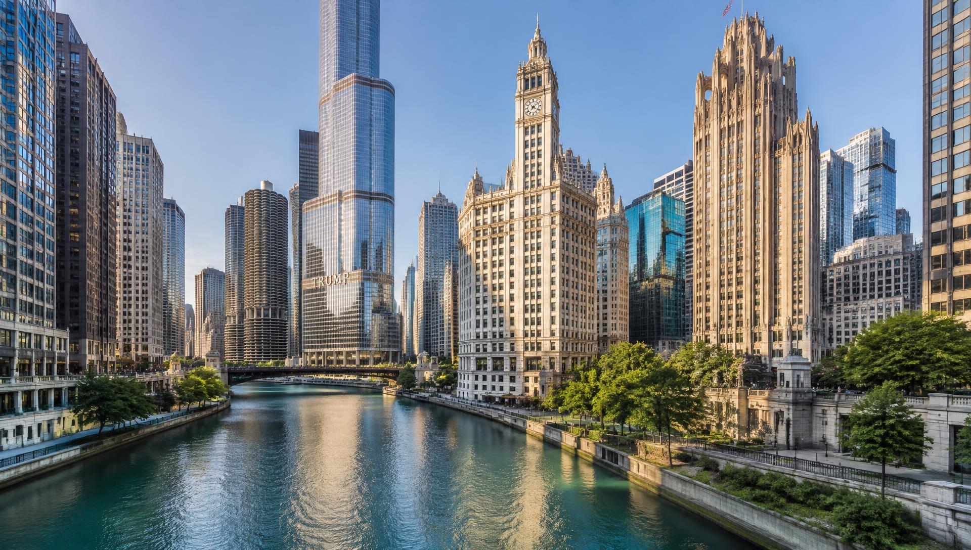Premium editorial Chicago River skyline with detailed landmark architecture