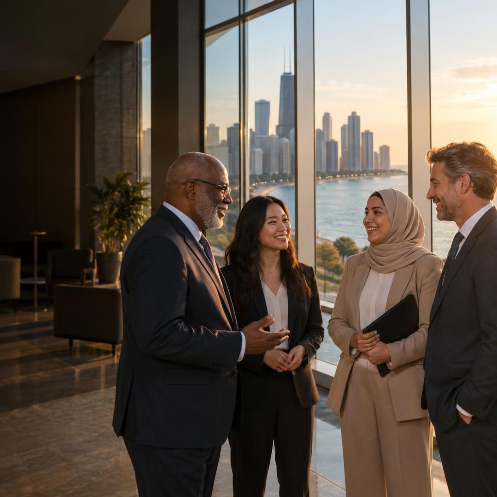 Diverse professionals and community members collaborating in an architectural setting