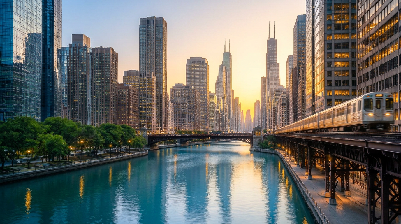Bright Chicago River architecture and riverfront bridges