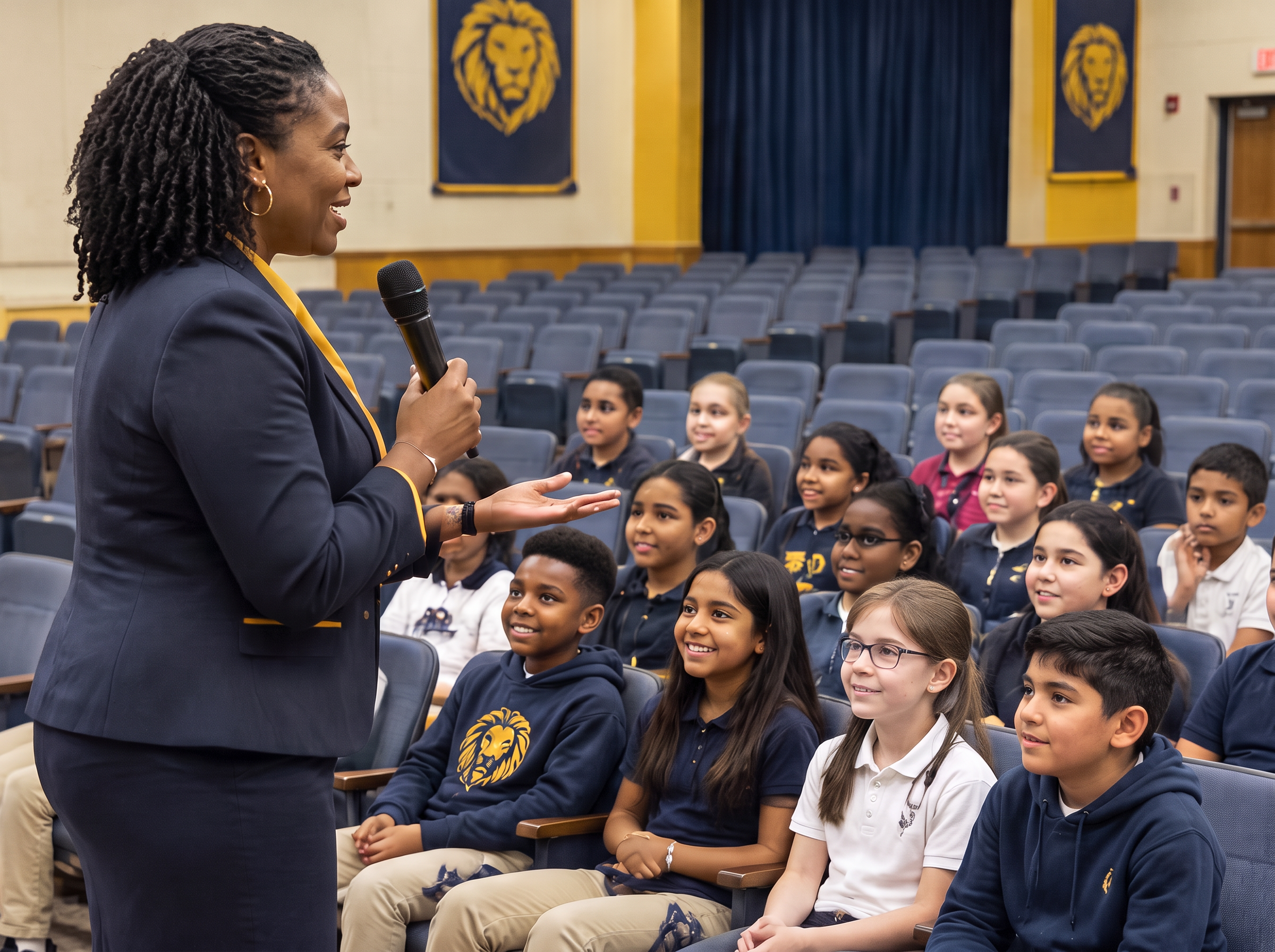 Diverse children listening to an educator at a school assembly