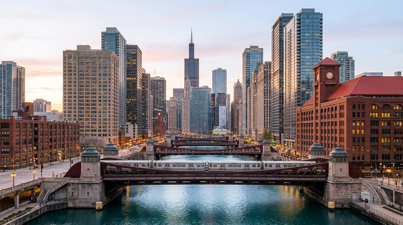 Bright Chicago River architecture and riverfront bridges